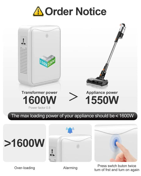 Plug In And Go No Fuss 2000W Noiseless Step Up Voltage Converter 110V To 220V showing power limits and button