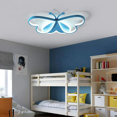 Butterfly LED Flush Mount Ceiling Light For Kids Room with blue light over bunk bed in children's bedroom
