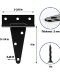 Diagram of Beefy Four Pack 4 Inch T Strap Hinges Heavy Duty Outdoor Hinges For Wood Gates Barn Fence Shed Doors Black Finish with measurements