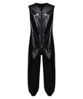 Heavy Duty Men Oil Repellent Spray Painting Coveralls With Wicked Stretch Zip Up Sleeveless Mechanic Jumpsuit In Sleek Black front view showing glossy finish.