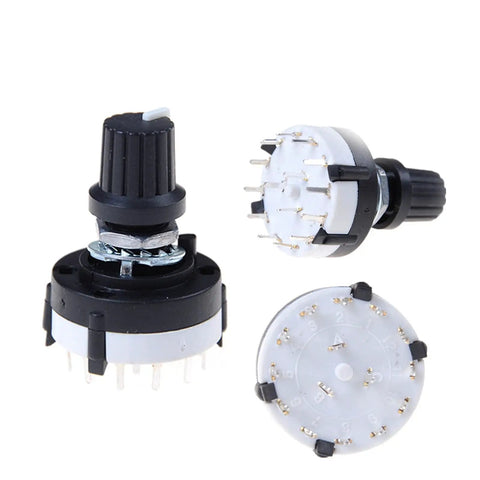 3P4T Rotary Switch Band Selector With Knob 4 Pole 3 Position Single Deck Black Finish Smooth Encoder Style Switch For No Fuss Install And Precise Control, front and side view of the black rotary switch with visible connectors.