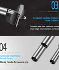 Close-up of tungsten carbide tipped hole cutters from Six Piece Large Size Forstner Drill Bit Set Carbide Tipped From One And Three Eighths Inch To Two And Three Quarters Inch For Hard Wood Plastic Plywood Hole Saw And Hinge Cutter Kit For Woodworking.