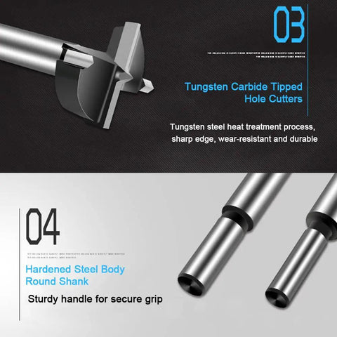 Close-up of tungsten carbide tipped hole cutters from Six Piece Large Size Forstner Drill Bit Set Carbide Tipped From One And Three Eighths Inch To Two And Three Quarters Inch For Hard Wood Plastic Plywood Hole Saw And Hinge Cutter Kit For Woodworking.