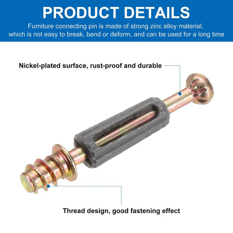 Top Shelf Heavy Duty Twenty Five Pack M6x40mm Zinc Alloy Cam Lock Screws for Furniture Assembly showing a detailed zinc alloy screw with a threaded design.