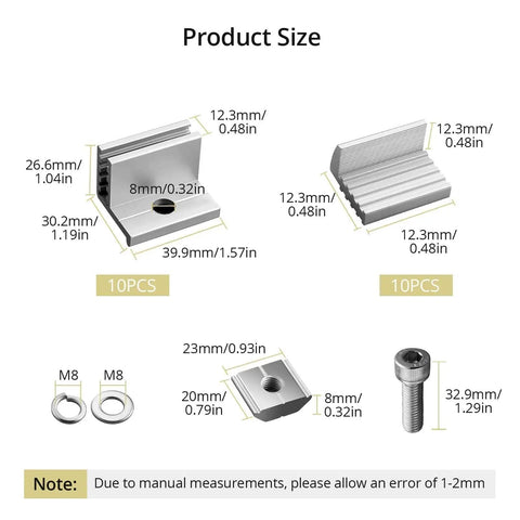 Adjustable Solar Panel Mounting Brackets 30 To 50mm Kit With 10 Aluminum End Clamps And 10 M8 Screws Plus Wrench size details