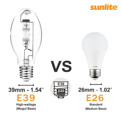 Comparison of E39 high-wattage base vs. E26 standard base; Led T42 Mega Bright High Lumen Corn Light Bulb 90W 750W Equivalent 10800 Lumen Mogul E39 Base 120 277V Non Dimmable Ul Listed Wet Location 3000K Warm White Energy Efficient Replacement For Metal Halide And Sodium Lamps.