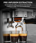 Premium 20 Bar Espresso Machine With Sleek Stainless Steel Finish And Heavy Duty Milk Frother For Bold Barista Style Shots And Smooth Latte Brews That Always Hit Different, showcasing dual espresso extraction into clear glasses.