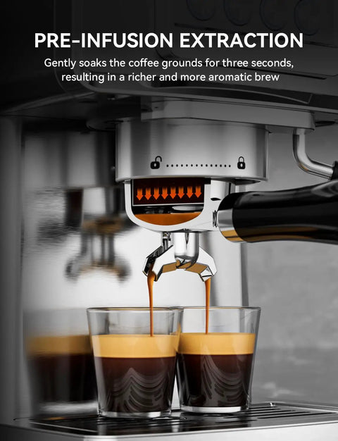 Premium 20 Bar Espresso Machine With Sleek Stainless Steel Finish And Heavy Duty Milk Frother For Bold Barista Style Shots And Smooth Latte Brews That Always Hit Different, showcasing dual espresso extraction into clear glasses.