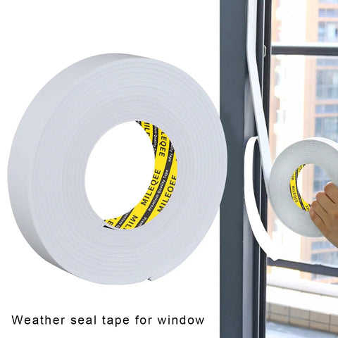 Top Shelf Eva Foam Tape White Super Sticky Cushion Roll Weatherproof Sealing Strip Heavy Duty Gasket for door windows and wall trim displayed on window.