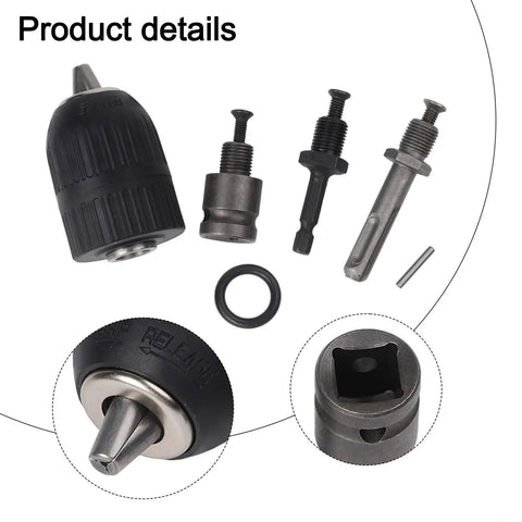 Heavy Duty Keyless Drill Chuck Set 2 To 13mm With SDS Plus Hex Shank Adapters For Hammer Drills And Wrench Conversion 5 In 1 Metal Working Tool Holding System, black metal parts