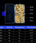 500 Pcs U Shape Copper Ring Terminals Crimp Kit Non Insulated Assortment box with labeled compartments and sizes chart