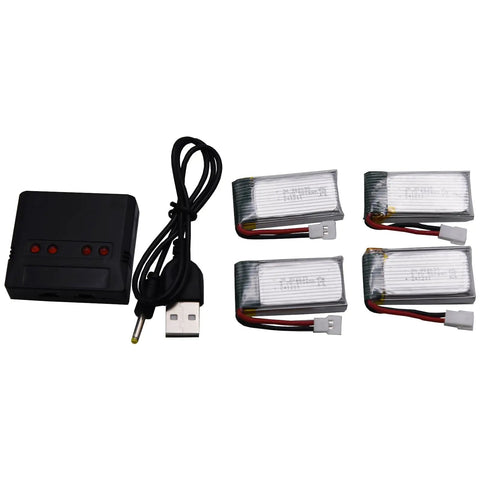 4 Pack 3.7V 500mAh LiPo Batteries With MX2.0 Plug And 4 Port USB Charger Box displayed with cable and connectors for drones