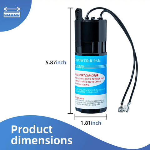 Hard Start Kit For Air Conditioners That Cranks Up Five Hundred Percent Starting Torque, 115V To 277V Universal Capacitor shown with dimensions 5.87 x 1.81 inches