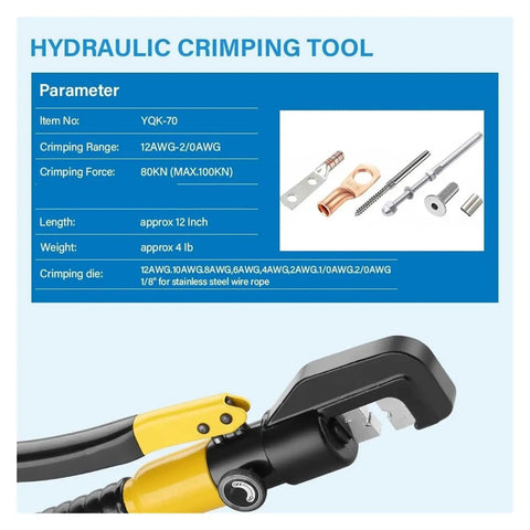 Top Quality Hydraulic Crimping Tool And Rebar Shears with yellow and black handle, designed for 12 inch length, includes crimping dies.