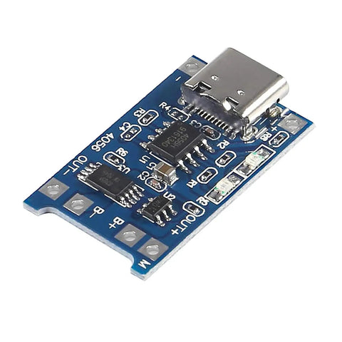 Slick TP4056 Type-C USB Charging Module for 18650 Lithium Batteries, compact board with USB-C connection, blue color.