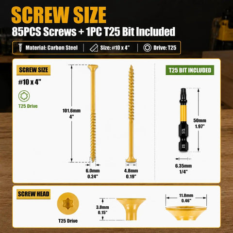 85 Piece Tan Torx T25 Wood Screw Set With 4 Inch Length Size 10 Self Tapping Heavy Duty Screws Including 50mm Bit And Clear Plastic Storage Case For Softwood Hardwood Plywood And Composite Lumber Projects dimensions and components