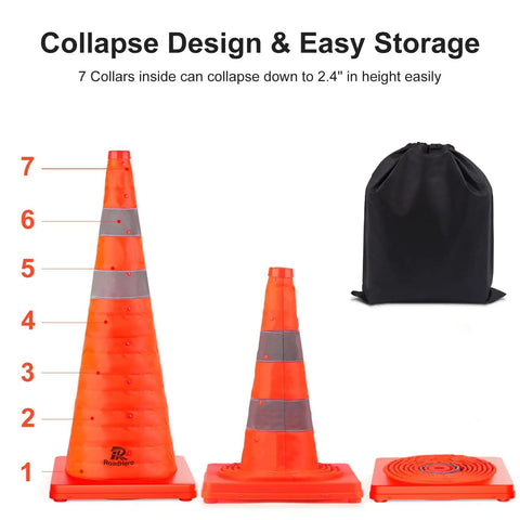 28 Inch Collapsible Traffic Cones Two Pack With LED Lights And Reflective Collar, compact design next to storage bag