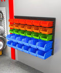 Wall Mounted Storage Bins Organizer for Garage and Workshop, 30 Bin Set in Four Colors, ABS Plastic, mounted on wall panel
