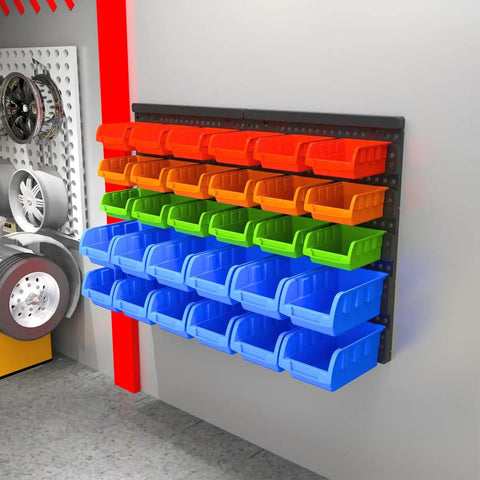 Wall Mounted Storage Bins Organizer for Garage and Workshop, 30 Bin Set in Four Colors, ABS Plastic, mounted on wall panel