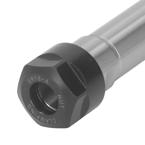 Heavy Duty ER16A Collet Chuck Holder With Straight Shank Designed For CNC Milling And Lathe Work Featuring Durable Manganese Steel Construction Plus Included Wrench For Easy Novice Use close-up showing collet nut detail.