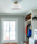 Dimmable Gold Semi Flush Mount Ceiling Light With Drum Shade, Dope 30W LED, brass finish in a modern laundry room