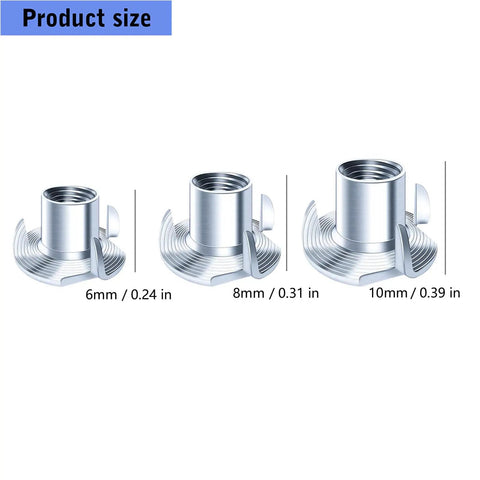 Bulk Pack 210 Units 1/4 20 T Connector Coated Four Point Attachments For Woodworking And Mechanical Installations, size options shown