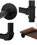 Close-up views of fittings and shelf of Industrial Iron Pipe Shelving Brackets Set For Kitchen And Living Room, Farmhouse Wall Mounted DIY Pipe Shelves For Bar Display, Beefy Heavy Duty 5 Tier, 4 Piece Rustic Pipe Shelf Kit.
