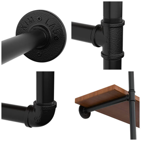 Close-up views of fittings and shelf of Industrial Iron Pipe Shelving Brackets Set For Kitchen And Living Room, Farmhouse Wall Mounted DIY Pipe Shelves For Bar Display, Beefy Heavy Duty 5 Tier, 4 Piece Rustic Pipe Shelf Kit.