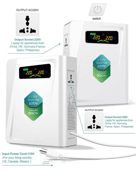 110V To 220V Step Up Transformer 500W With No Noise, Ten Protection Functions, CE and CQC Certified front and side view