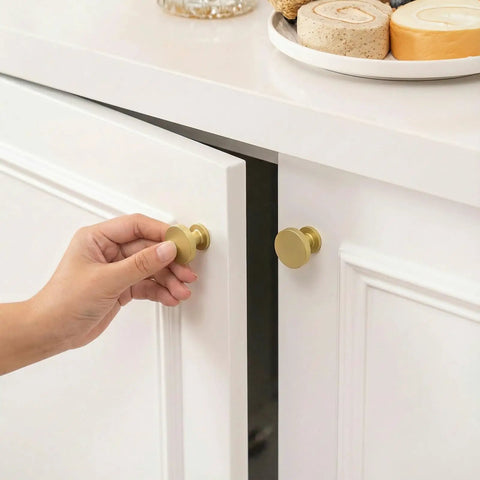 10 Pack Brushed Brass Cabinet Knobs Round Gold Drawer Knobs Kitchen Cabinet Handles Solid Zinc Alloy Pulls For Bathroom Dresser Hardware Beefy Durable Smooth Satin Finish Easy Install Timeless Modern Kitchen Update on white cabinet door