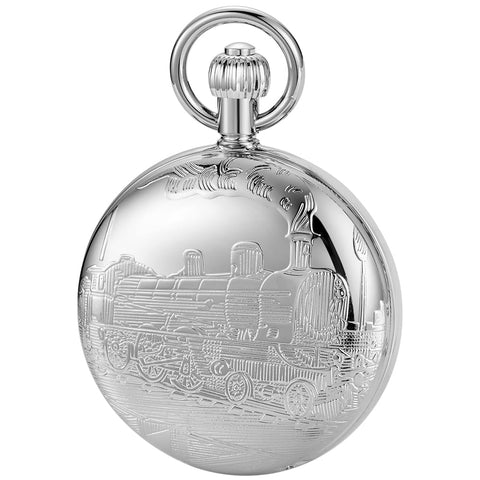 Vintage Silver Train London Design Hand Wind Mechanical Pocket Watch With Chain No Battery Needed Keeps Time Daily Old School Rail Style For Collectors And Gentlemen