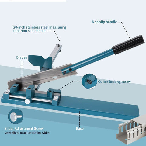 Top Shelf Pvc Cable Tray Cutter With Built In Dual Scale Ruler For Open Plastic Wiring Trunking Heavy Duty Manual Guide Rail Shear with 20-inch tape and non-slip handle.