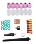 Ultimate 40 Piece TIG Welding Consumables Kit For Wp9 25 With Ceramic Nozzles, Glass Cups, Back Short Electrode Clips And O Rings, featuring ceramic nozzles and clear glass cups.