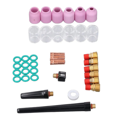 Ultimate 40 Piece TIG Welding Consumables Kit For Wp9 25 With Ceramic Nozzles, Glass Cups, Back Short Electrode Clips And O Rings, featuring ceramic nozzles and clear glass cups.