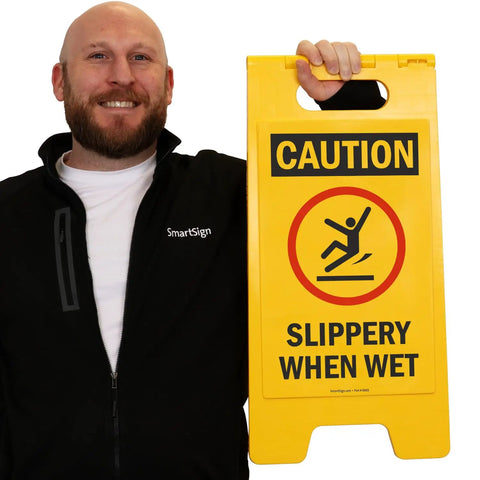 Heavy Duty Caution Slippery Floor Sign Foldable Double Sided Polypropylene Warning Plaque For Warehouses And Commercial Spaces Built Like A Tank To Outlast Heavy Daily Foot Traffic