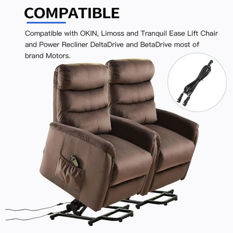 Beefy 29V 2A Dual Motor Power Supply Kit for Recliners and Lift Chairs, featuring brown recliners and Y splitter cable.