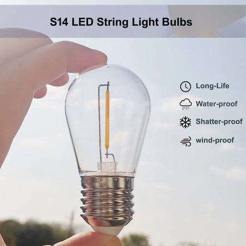 Hand holding S14 LED bulb outdoors showing shatterproof feature, part of 25 Pack Replacement LED Bulbs For S14 String Lights Shatterproof Waterproof