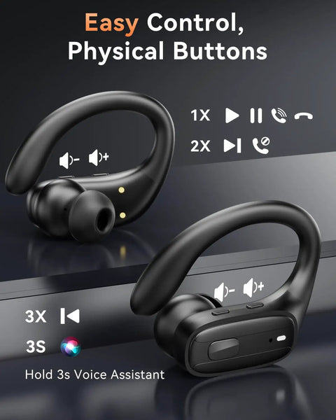 Wireless Earbuds With Bluetooth 5.4, 80 Hour Playtime, Sport Hooks, Noise Canceling, IPX7 Waterproof, LED Display, Jet Black with buttons