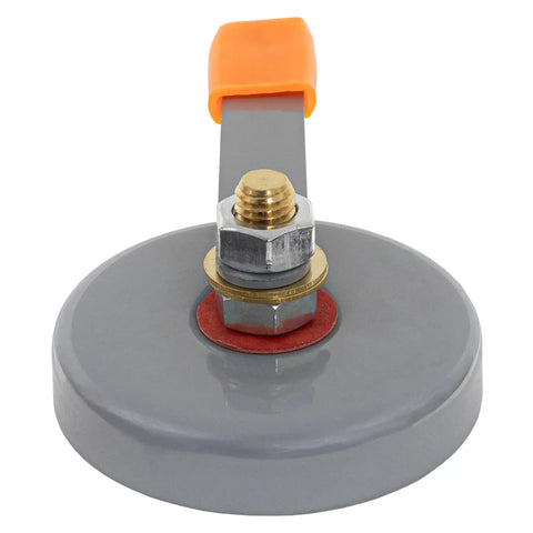 500 Amp Magnetic Welding Ground Clamp With Quick Release Magnet close-up of the gray magnetic base and orange handle