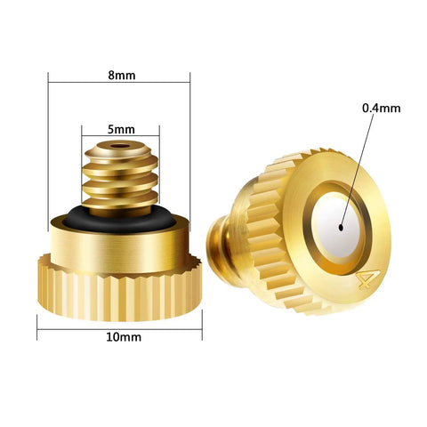 Brass Misting Nozzle Set for Low Pressure Systems, 40 Replacement Heads with 0.4 mm orifice, 10/24 UNC threads shown in detail