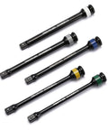 Five Piece One Half Inch Drive Torque Limiting Extension Bar Set With Color Coded Ends For Easy Use Pro Grade Built From Impact Grade Chrome Molybdenum Steel With Black Finish Spring Loaded End Ball Torque Settings 65 To 140 Ft Lbs 90 To 190 Nm displayed