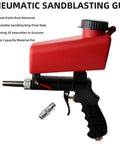 Wreck Old Rust And Peeling Paint Fast With This Heavy Duty Gravity Sandblaster Gun Kit Using A Ninety Psi Pneumatic Trigger To Prep Metal And Wood Smooth Without Breaking A Sweat In Red, featuring a red tank and a black trigger.