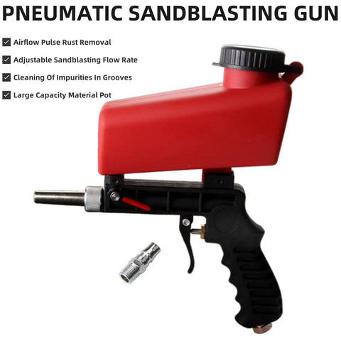 Wreck Old Rust And Peeling Paint Fast With This Heavy Duty Gravity Sandblaster Gun Kit Using A Ninety Psi Pneumatic Trigger To Prep Metal And Wood Smooth Without Breaking A Sweat In Red, featuring a red tank and a black trigger.