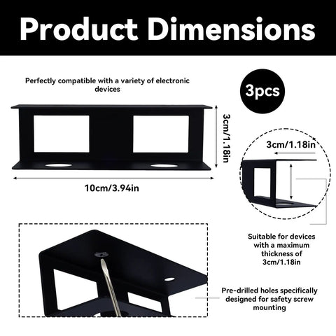 Super Rugged Under Desk Laptop Mount Handles Devices Up To 1.18 Inches Thick Includes Bracket Kit And Hardware for three black wrought iron mounts with dimensions.
