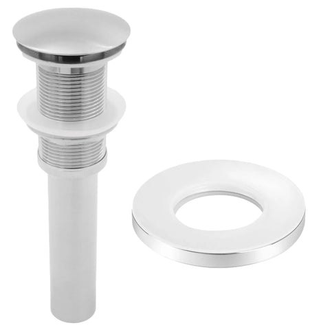 Clear Glass Oval Slipper Vessel Sink Set With Slick Brushed Nickel Hardware Tempered Glass Scratch Resistant Finish One Point Five Inch Brass Pop Up Drain Includes Mounting Ring Perfect Modern Vanity Centerpiece close-up of nickel pop-up drain and mounting ring