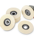 Pro-Grade Wool Buffing Wheel for Angle Grinder Polishing, Multi-Size Discs, shown in stack and attached to grinder.