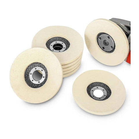 Pro-Grade Wool Buffing Wheel for Angle Grinder Polishing, Multi-Size Discs, shown in stack and attached to grinder.