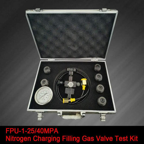 Pro Grade Hydraulic Nitrogen Accumulator Charging And Pressure Test Kit, 400 Bar 5800 PSI, in open case with fittings and gauge