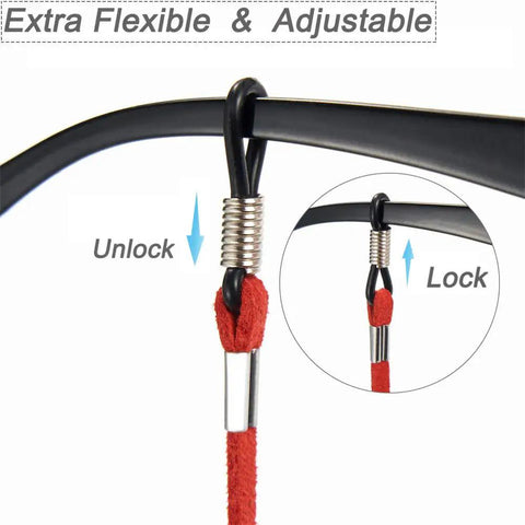 Close-up of sliding buckle on red strap from 4 Pack Adjustable Eyeglass Straps Leather Glasses Chain Lanyard Set