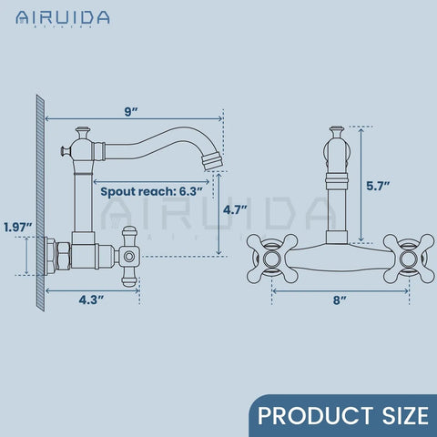 Diagram of Commercial Wall Mounted Kitchen Faucet 8 Inch Center Mount With Double Cross Handles 360 Degree Rotatable Spout Antique Brass